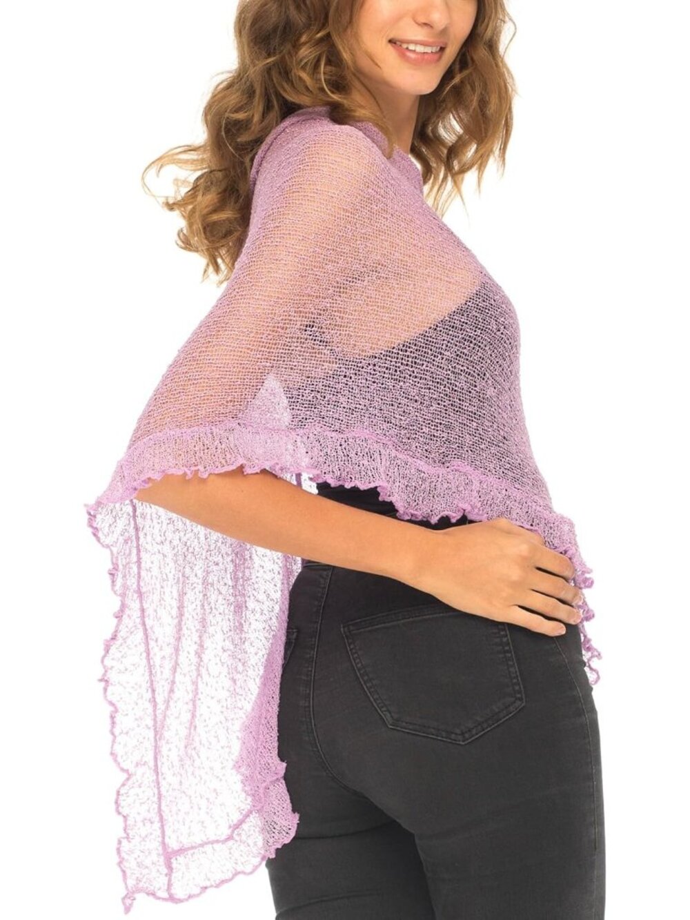 Women’s Lavender Sheer Knit Poncho Shrug Lightweight Asymmetrical Ruffle Wraps - Picture 6 of 6